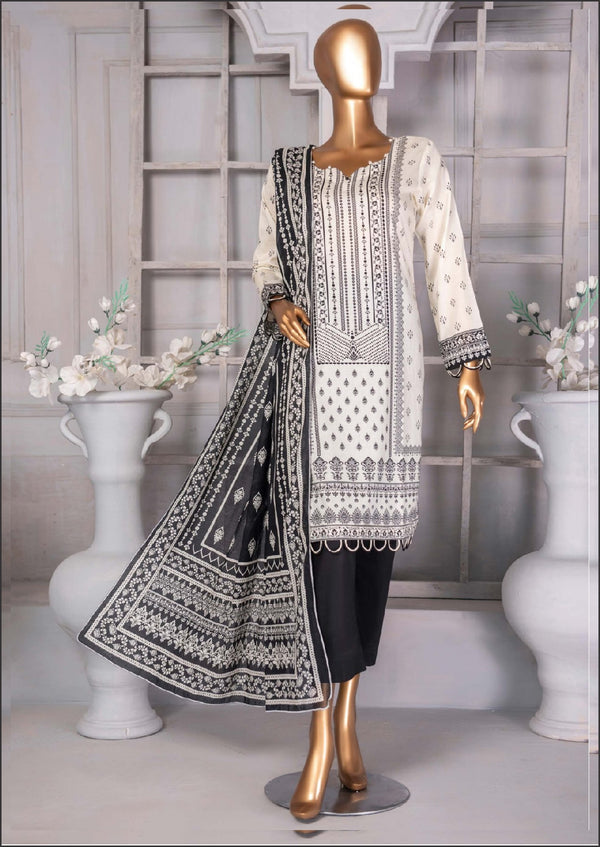 3 Piece - Printed Black and White Lawn.