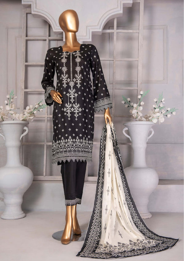 3 Piece - Printed Black and White Lawn.
