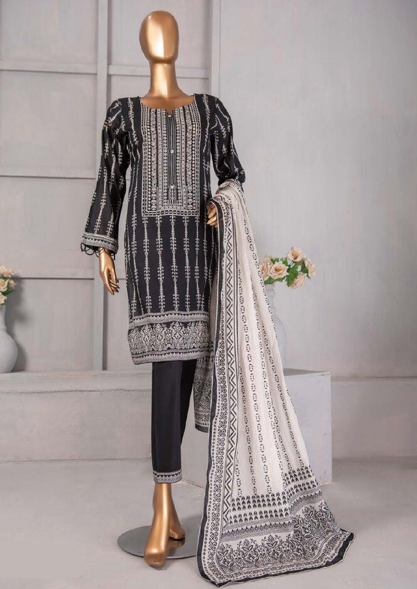 3 Piece - Printed Black and White Lawn.