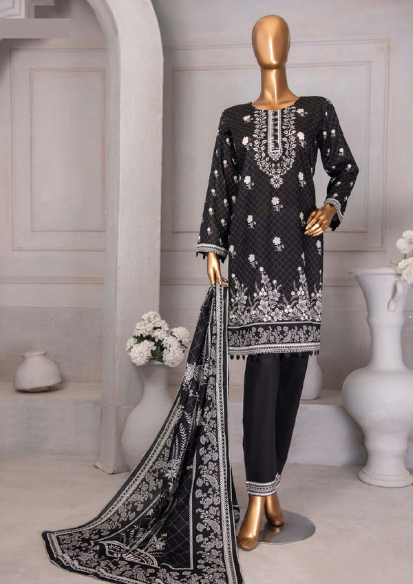 3 Piece - Printed Black and White Lawn.
