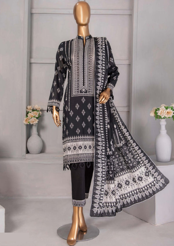 3 Piece - Printed Black and White Lawn.