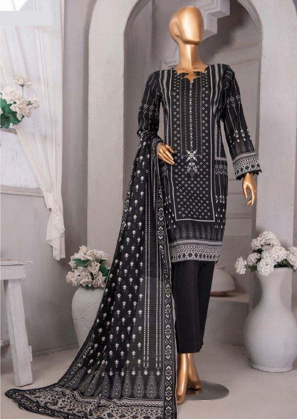 3 Piece - Printed Black and White Lawn.